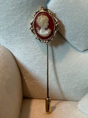 Trifari Gold-Tone Red Cameo Stick Pin Brooch Vintage